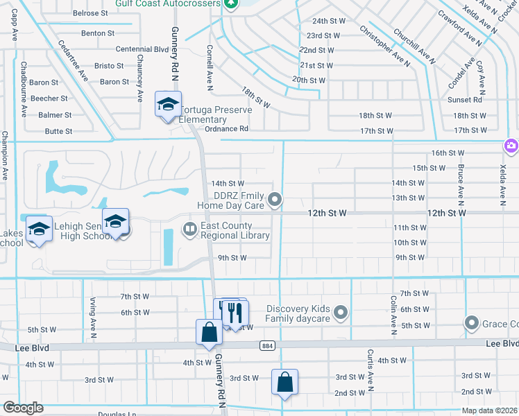 map of restaurants, bars, coffee shops, grocery stores, and more near 4307 13th Street West in Lehigh Acres