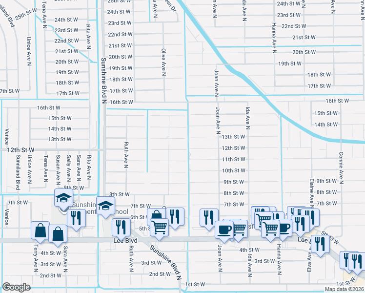 map of restaurants, bars, coffee shops, grocery stores, and more near 3107 13th Street West in Lehigh Acres