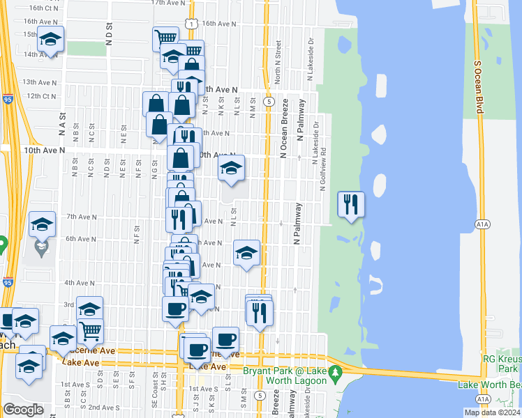 map of restaurants, bars, coffee shops, grocery stores, and more near 800 North Federal Highway in Lake Worth