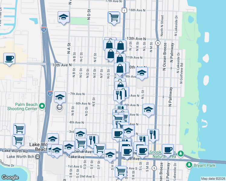 map of restaurants, bars, coffee shops, grocery stores, and more near 726 North H Street in Lake Worth
