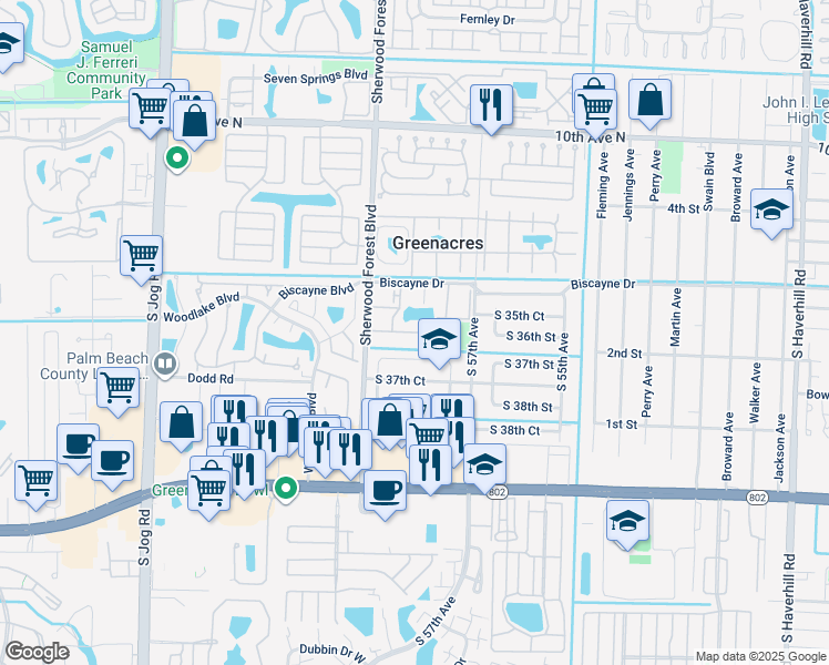 map of restaurants, bars, coffee shops, grocery stores, and more near 5900 Whispering Pine Way in Greenacres