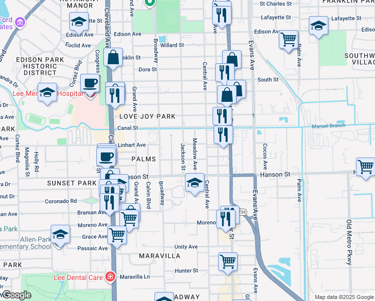 map of restaurants, bars, coffee shops, grocery stores, and more near 2902 Meadow Avenue in Fort Myers