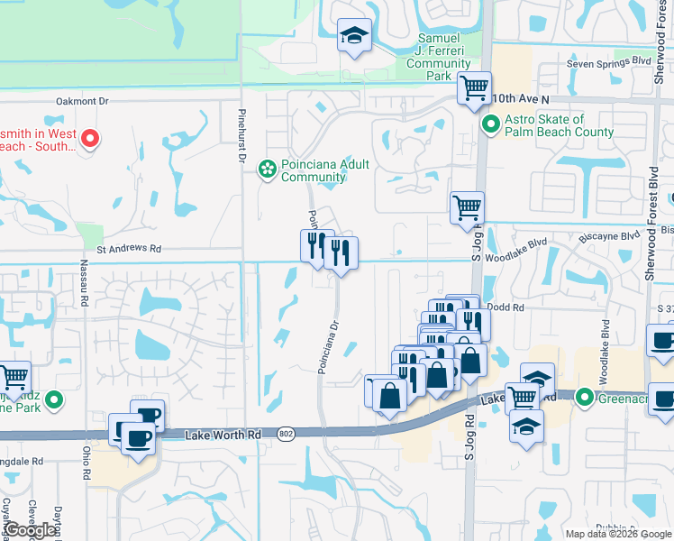 map of restaurants, bars, coffee shops, grocery stores, and more near 3491 Stanton Terrace in Lake Worth