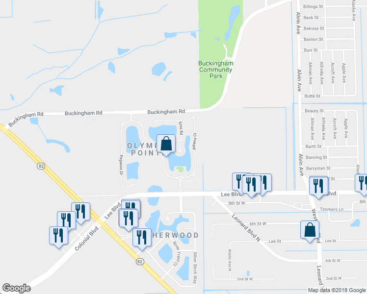 map of restaurants, bars, coffee shops, grocery stores, and more near 11733 Eros Road in Lehigh Acres