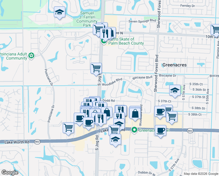 map of restaurants, bars, coffee shops, grocery stores, and more near 100 Wedgewood Lakes South in Greenacres