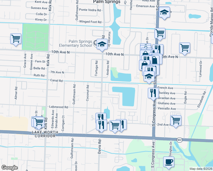 map of restaurants, bars, coffee shops, grocery stores, and more near 1002 Waterview Drive in Palm Springs