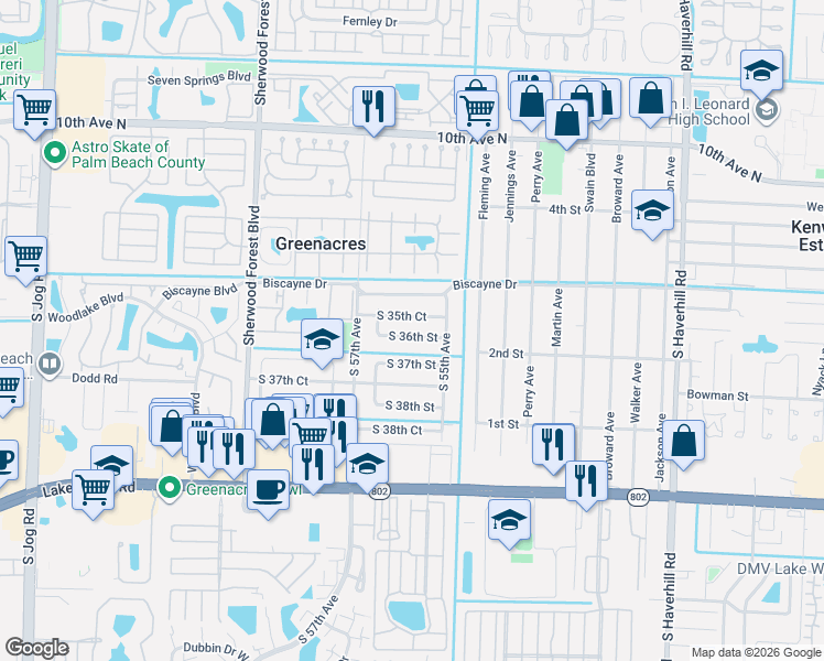 map of restaurants, bars, coffee shops, grocery stores, and more near 5581 South 36th Street in Greenacres
