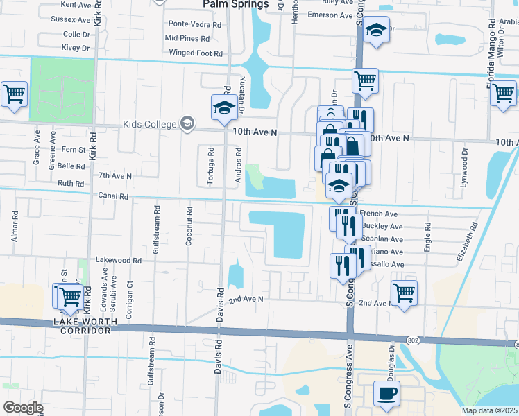 map of restaurants, bars, coffee shops, grocery stores, and more near 1601 Waterview Circle in Palm Springs
