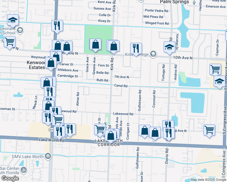 map of restaurants, bars, coffee shops, grocery stores, and more near 3952 Canal Road in Lake Worth