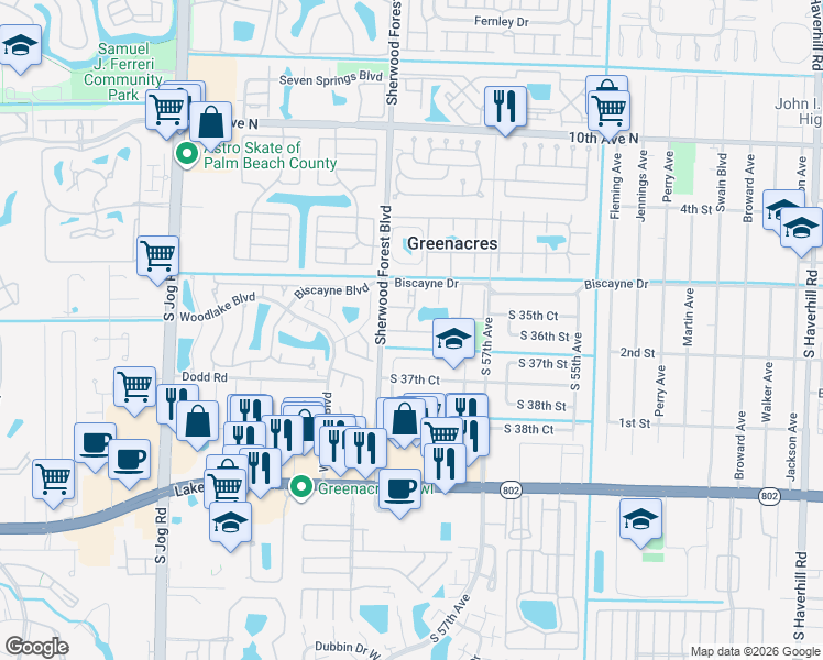 map of restaurants, bars, coffee shops, grocery stores, and more near 5930 Whispering Pine Way in Greenacres
