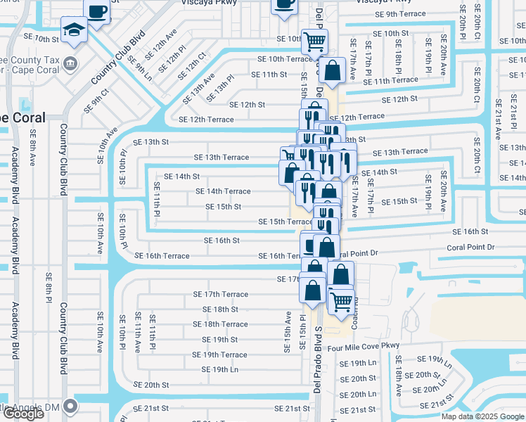 map of restaurants, bars, coffee shops, grocery stores, and more near 1419 Southeast 15th Street in Cape Coral