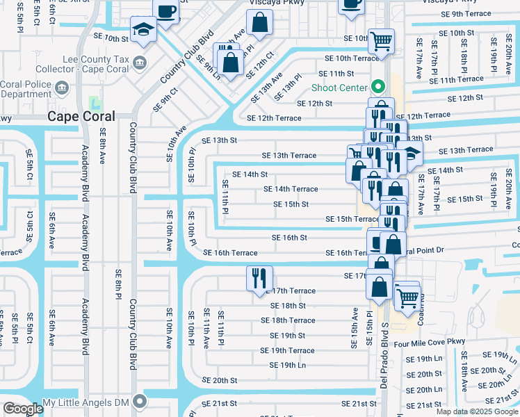 map of restaurants, bars, coffee shops, grocery stores, and more near 1215 Southeast 15th Street in Cape Coral