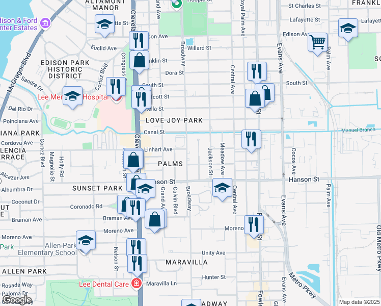 map of restaurants, bars, coffee shops, grocery stores, and more near 2909 Broadway in Fort Myers