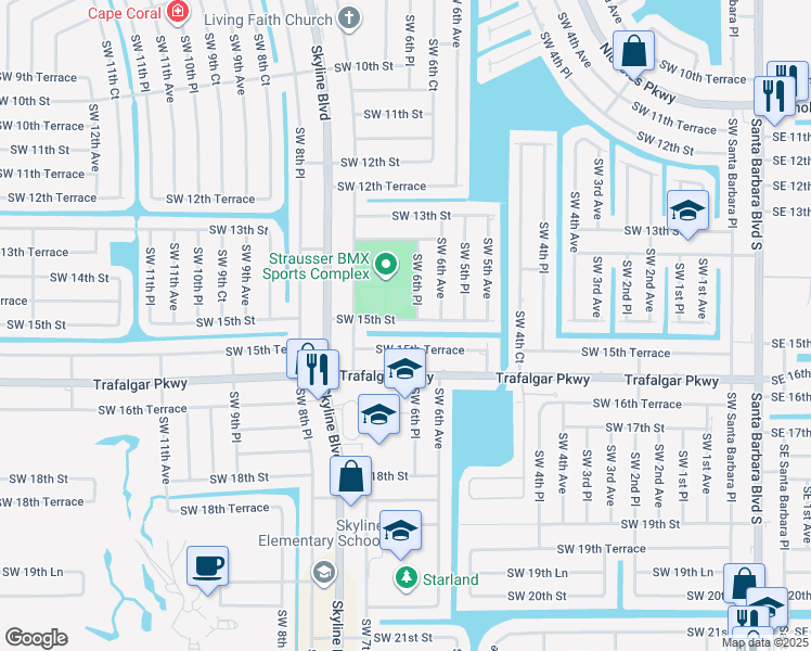 map of restaurants, bars, coffee shops, grocery stores, and more near 622 Southwest 15th Street in Cape Coral