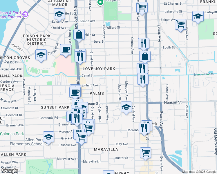 map of restaurants, bars, coffee shops, grocery stores, and more near 2909 Broadway in Fort Myers
