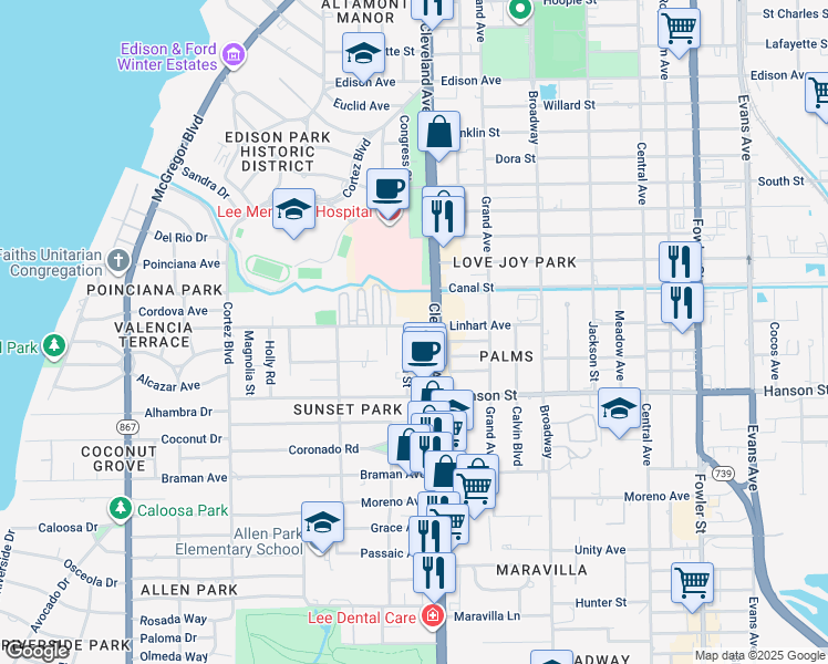 map of restaurants, bars, coffee shops, grocery stores, and more near 2905 Nelson Street in Fort Myers