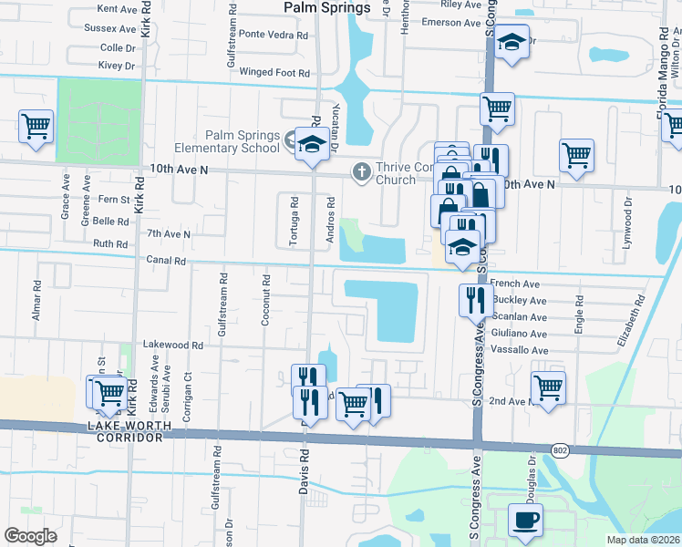 map of restaurants, bars, coffee shops, grocery stores, and more near 1302 Waterview Circle in Palm Springs