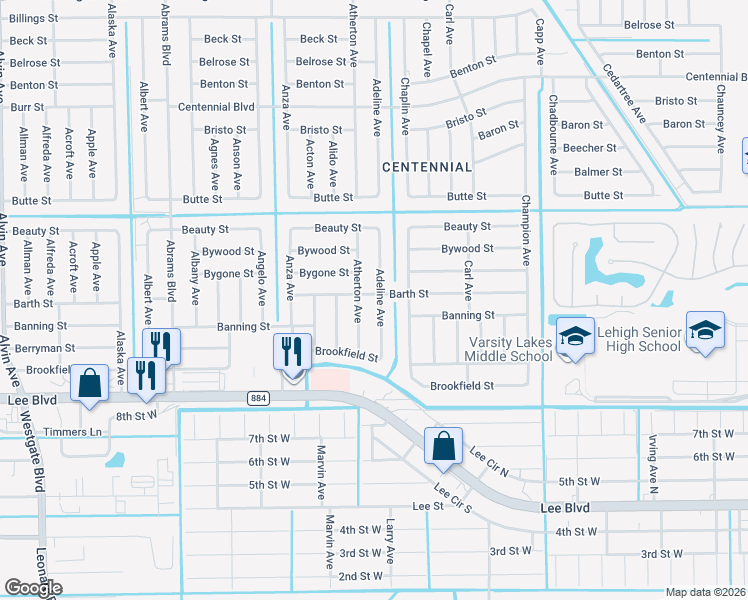 map of restaurants, bars, coffee shops, grocery stores, and more near 900 Atherton Avenue in Lehigh Acres