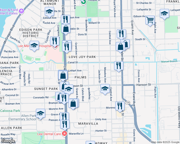 map of restaurants, bars, coffee shops, grocery stores, and more near 2909 Broadway in Fort Myers