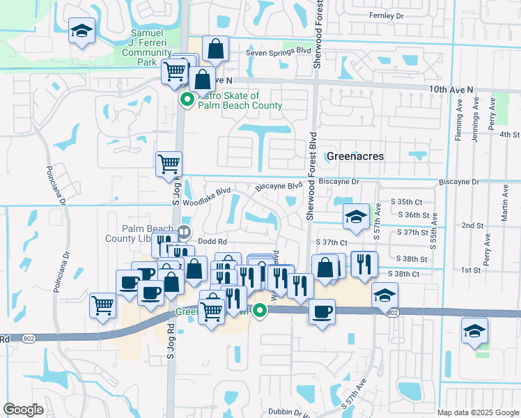 map of restaurants, bars, coffee shops, grocery stores, and more near 3527 Mill Brook Way Circle in Greenacres