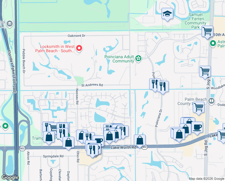 map of restaurants, bars, coffee shops, grocery stores, and more near 170 Amherst Lane in Lake Worth
