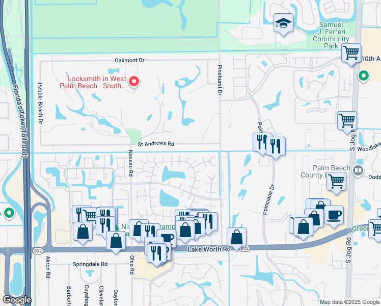 map of restaurants, bars, coffee shops, grocery stores, and more near 373 Bennington Lane in Greenacres