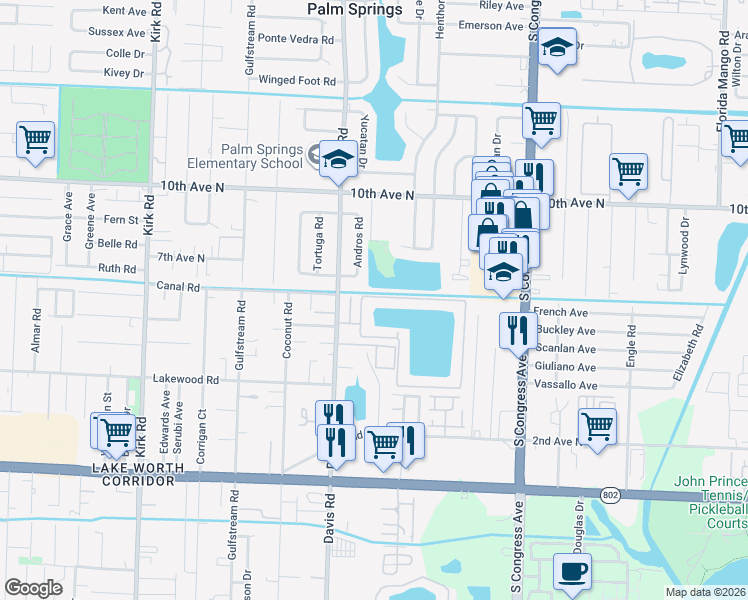 map of restaurants, bars, coffee shops, grocery stores, and more near 1302 Waterview Circle in Palm Springs