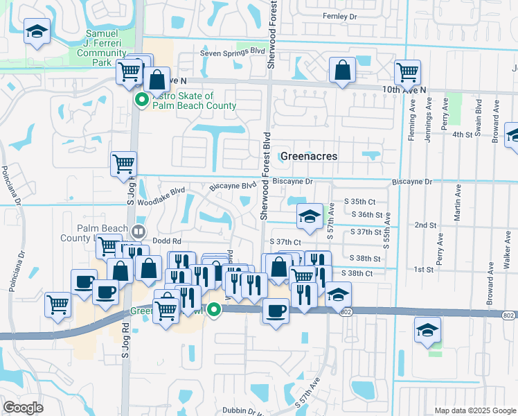map of restaurants, bars, coffee shops, grocery stores, and more near 3517 Westminster Drive in Greenacres