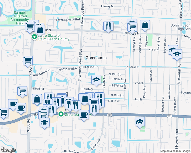 map of restaurants, bars, coffee shops, grocery stores, and more near 5900 Whispering Pine Way in Greenacres