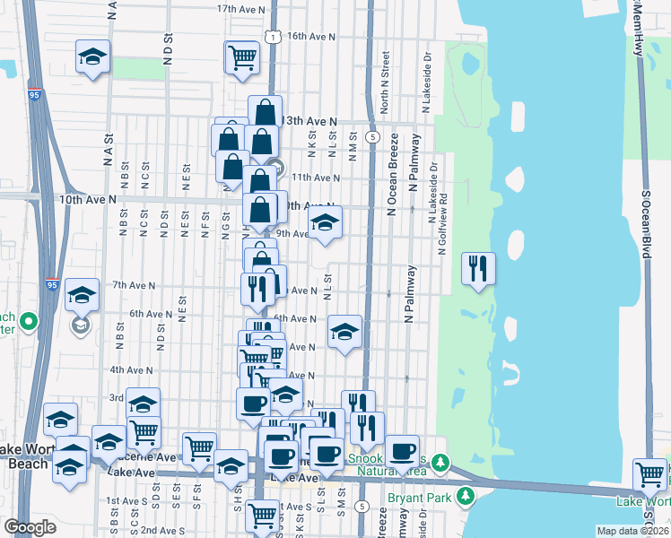 map of restaurants, bars, coffee shops, grocery stores, and more near 731 North M Street in Lake Worth