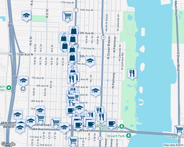 map of restaurants, bars, coffee shops, grocery stores, and more near 731 North M Street in Lake Worth