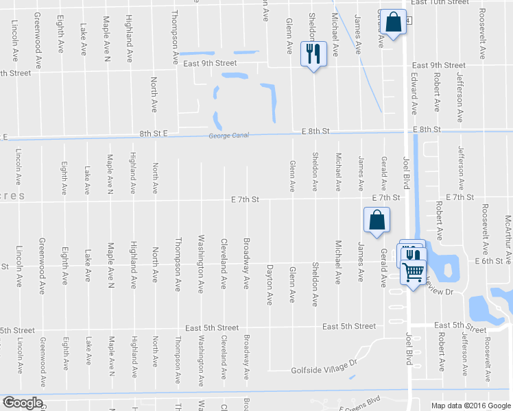 map of restaurants, bars, coffee shops, grocery stores, and more near 1602 East 7th Street in Lehigh Acres