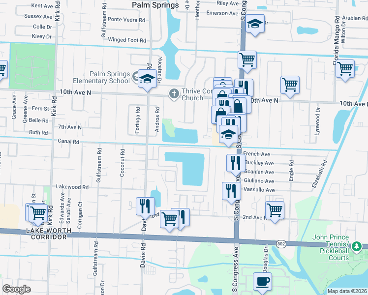 map of restaurants, bars, coffee shops, grocery stores, and more near 1601 Waterview Circle in Palm Springs