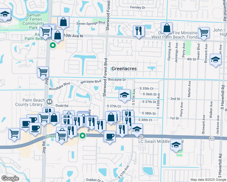 map of restaurants, bars, coffee shops, grocery stores, and more near 5960 Lazy Pine Way in Greenacres