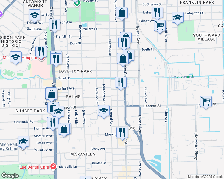 map of restaurants, bars, coffee shops, grocery stores, and more near 2845 Central Avenue in Fort Myers