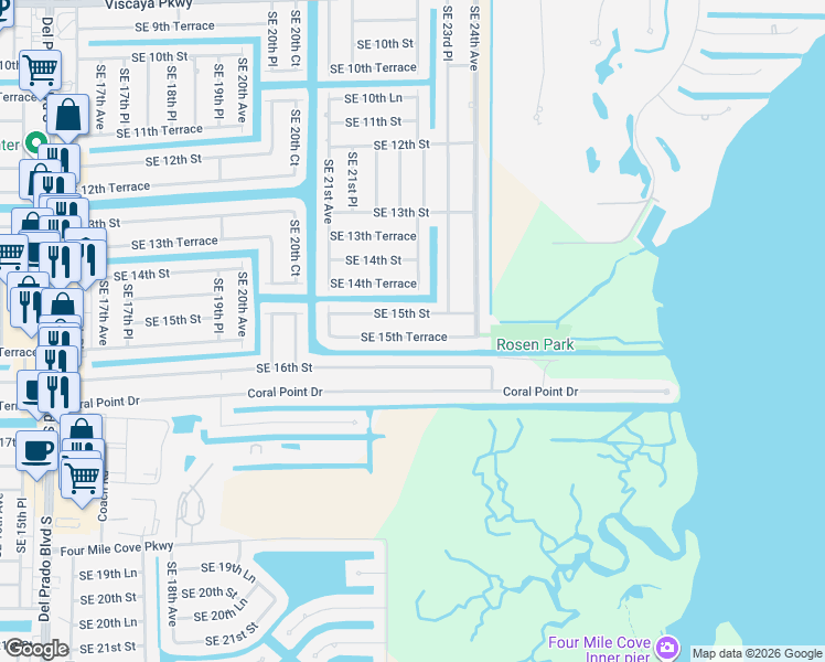 map of restaurants, bars, coffee shops, grocery stores, and more near 2214 Southeast 15th Street in Cape Coral
