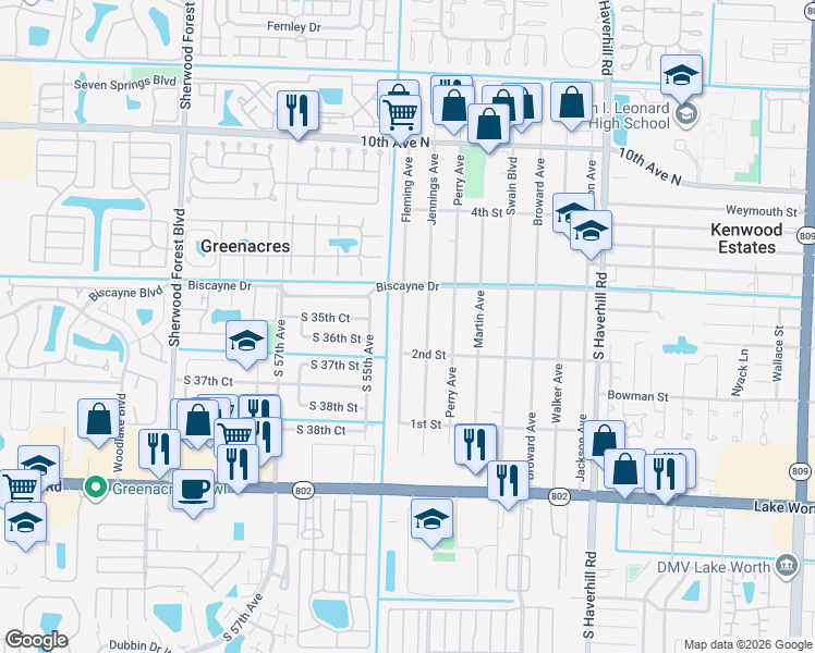 map of restaurants, bars, coffee shops, grocery stores, and more near 329 Jennings Avenue in Greenacres