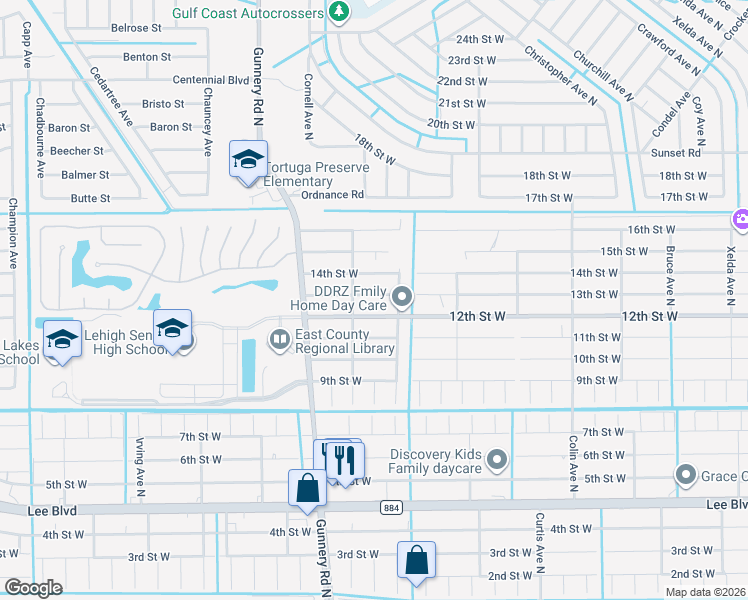map of restaurants, bars, coffee shops, grocery stores, and more near 4307 13th Street West in Lehigh Acres
