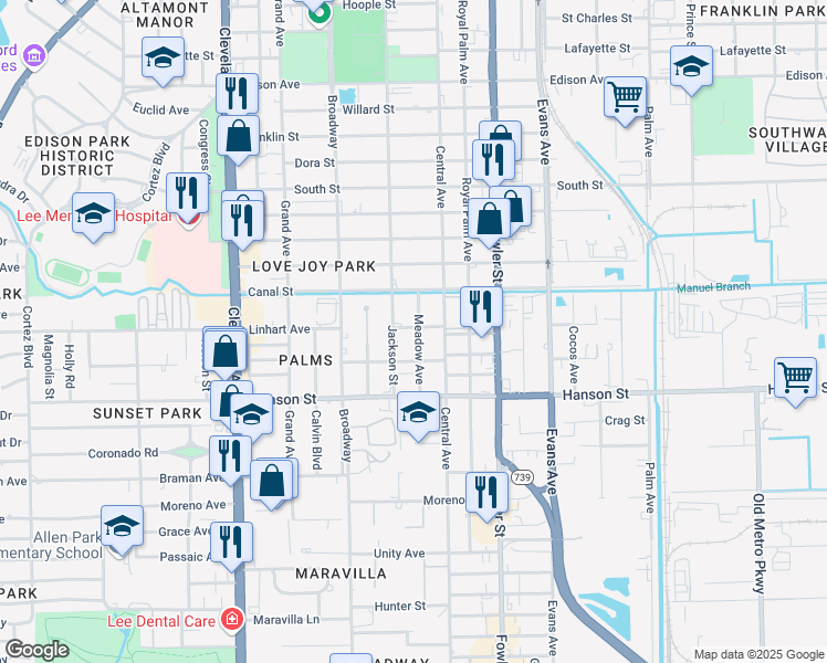 map of restaurants, bars, coffee shops, grocery stores, and more near 2902 Meadow Avenue in Fort Myers