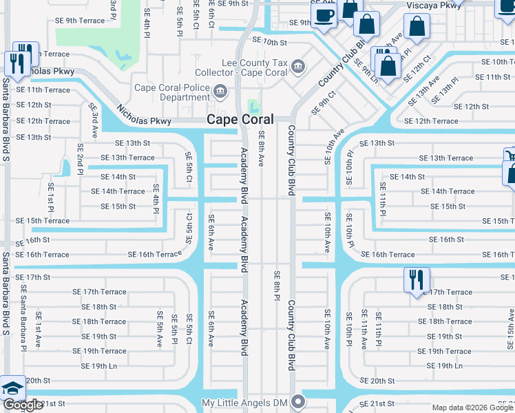 map of restaurants, bars, coffee shops, grocery stores, and more near 1430 Southeast 8th Avenue in Cape Coral