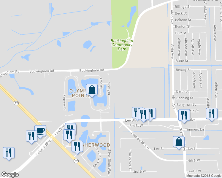 map of restaurants, bars, coffee shops, grocery stores, and more near 8633 Athena Court in Lehigh Acres