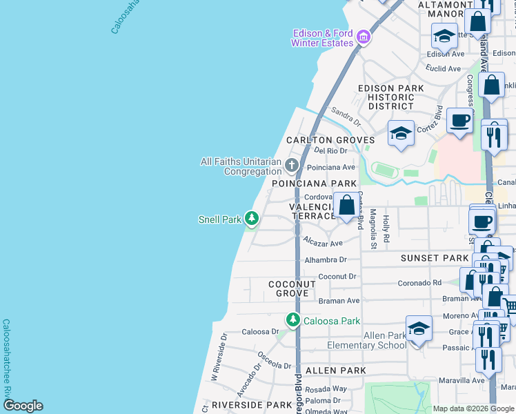 map of restaurants, bars, coffee shops, grocery stores, and more near 2844 Valencia Way in Fort Myers