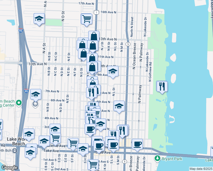map of restaurants, bars, coffee shops, grocery stores, and more near 727 North K Street in Lake Worth