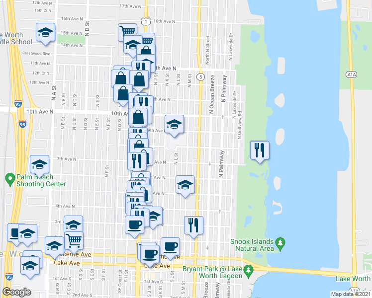 map of restaurants, bars, coffee shops, grocery stores, and more near 731 North M Street in Lake Worth
