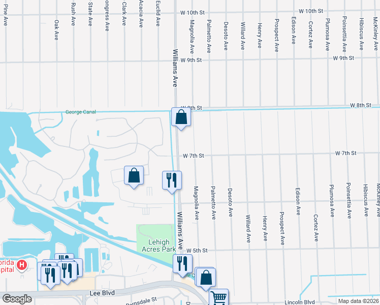 map of restaurants, bars, coffee shops, grocery stores, and more near 701 Magnolia Avenue in Lehigh Acres