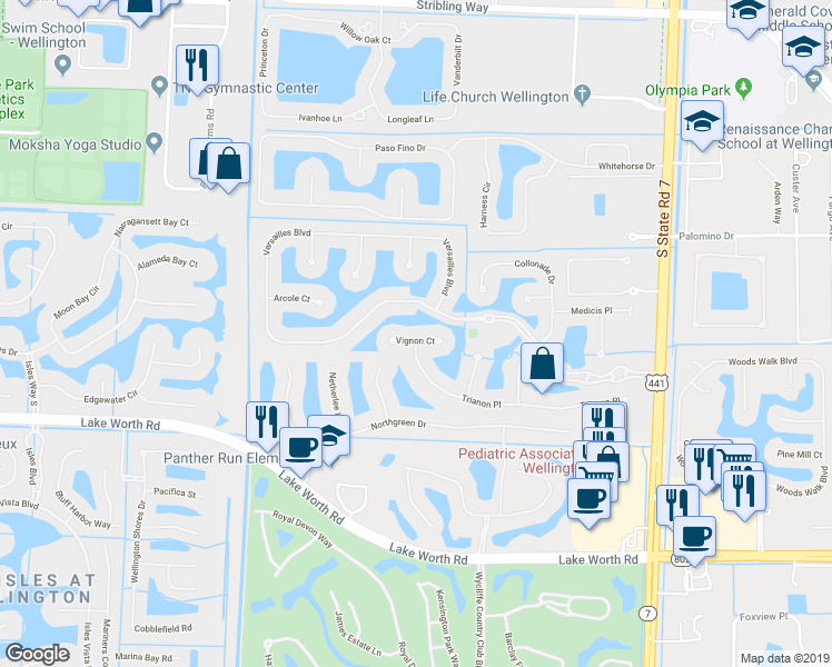 map of restaurants, bars, coffee shops, grocery stores, and more near 10515 Vignon Court in Wellington