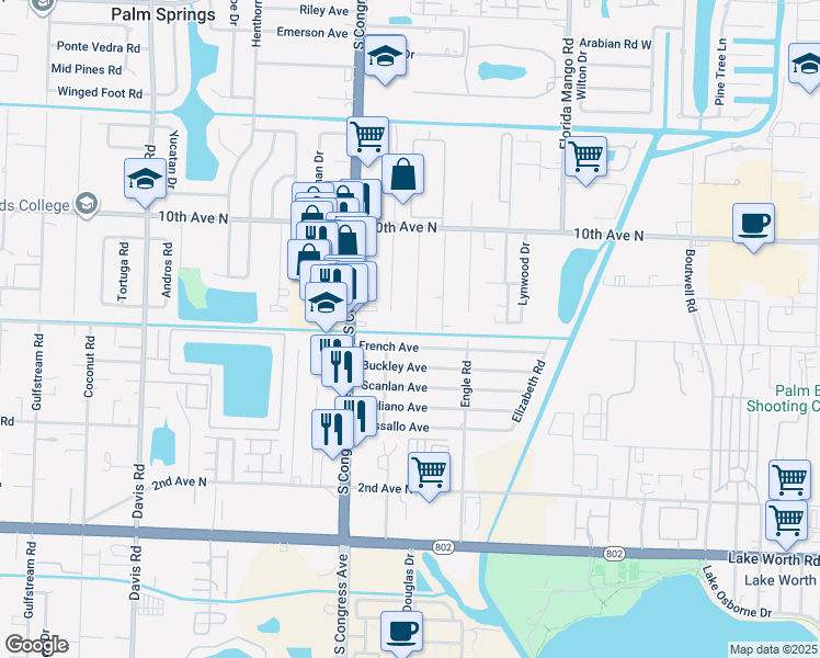 map of restaurants, bars, coffee shops, grocery stores, and more near 3483 Hi Street in Lake Worth