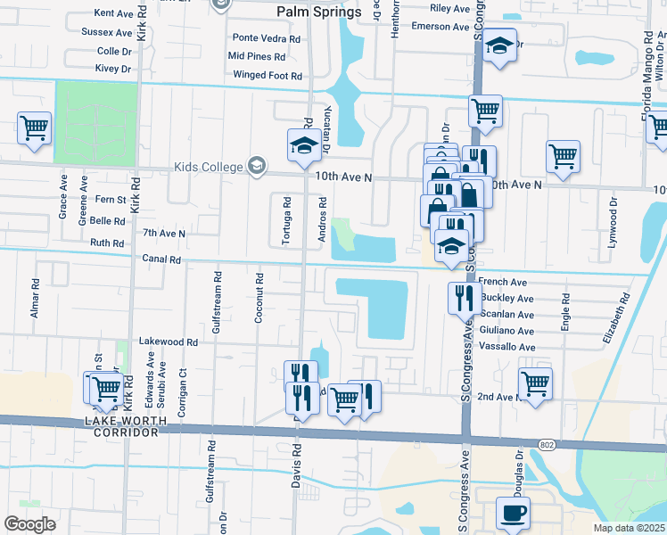 map of restaurants, bars, coffee shops, grocery stores, and more near 1302 Waterview Circle in Palm Springs