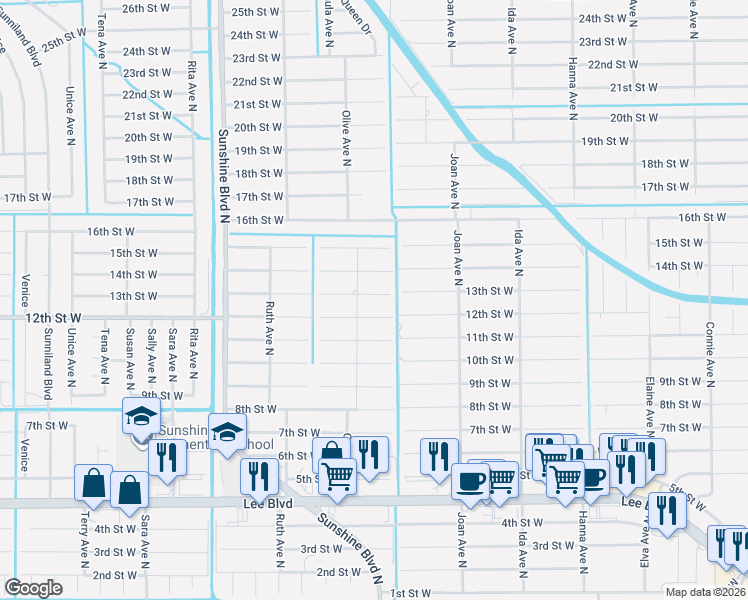 map of restaurants, bars, coffee shops, grocery stores, and more near 3107 13th Street West in Lehigh Acres