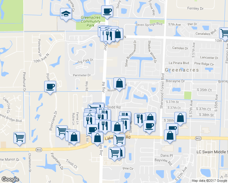 map of restaurants, bars, coffee shops, grocery stores, and more near 100 Wedgewood Lakes South in Greenacres